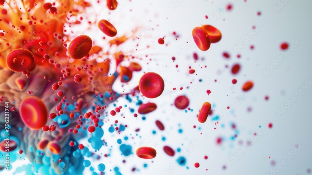 Vivid splashes of color resembling blood cells flowing through veins set against a soft grey background Vivid splashes of color resembling blood cells flowing through veins set against a soft grey background