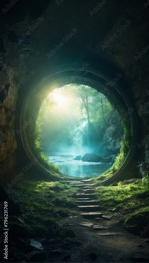 Obraz premium A mystical portal emitting a faint green light, nestled within an abandoned cave