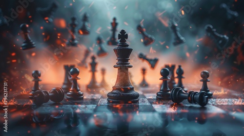 Solitary chess king stands tall amidst a backdrop of falling pieces