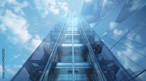 Close-up of a glass elevator ascending the exterior of a sleek high-rise building
