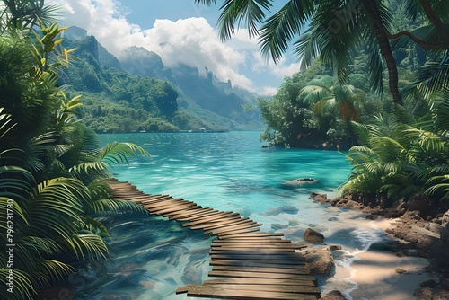 Captivating Tropical Lagoon with Lush Palms and Winding Boardwalk Through Serene Jungle Landscape