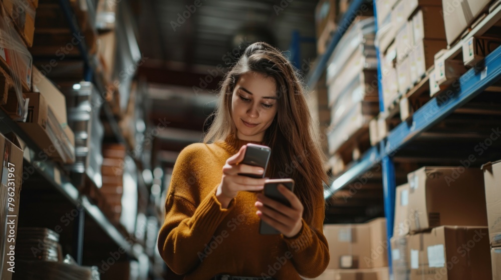 A woman is looking at her phone in a warehouse