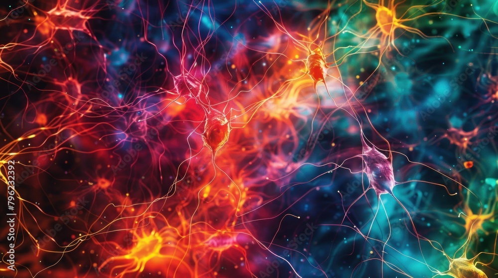 An abstract pattern of interconnected neurons firing in vibrant colors against a dark backdrop