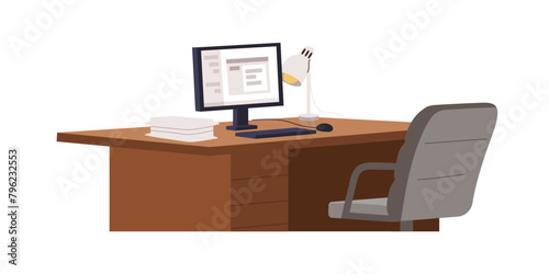 Workplace with desk, empty vacant office chair, desktop computer, lamp. Workstation, work place, business table with PC monitor and armchair. Flat vector illustration isolated on white background