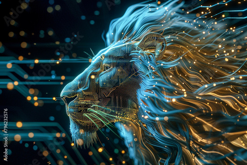 A powerful lion's head emerging from a complex display of illuminated electronic pathways.