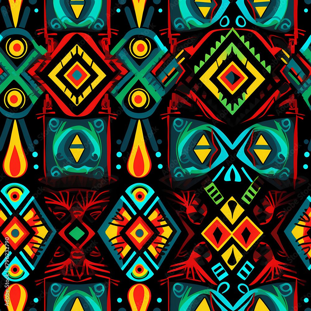 A seamless pattern with a digital illustration featuring African patterns