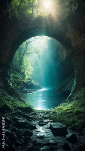 An abandoned cave entrance with sunlight filtering through  illuminating a mystical portal