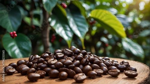 Organic coffee farm, coffee bean in wooden table. Fresh Arabica coffee berries in background. Ai Generative.