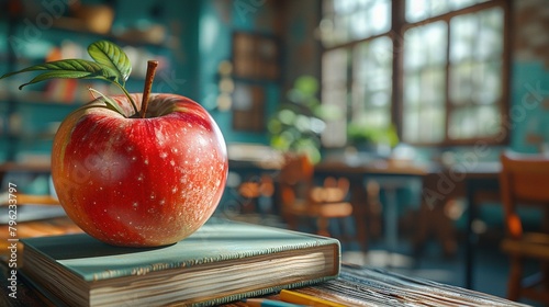 3D rendering of an apple on top of some books