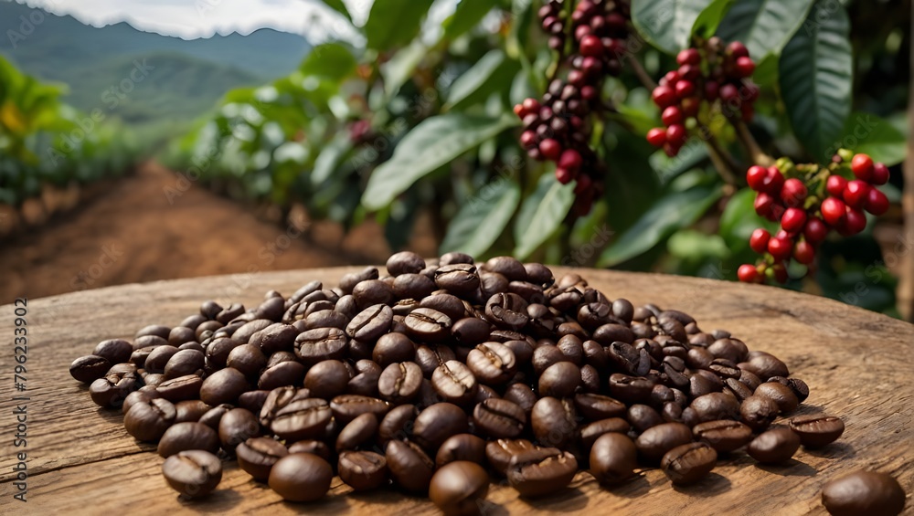 Obraz premium Organic coffee farm, coffee bean in wooden table. Fresh Arabica coffee berries in background. Ai Generative.