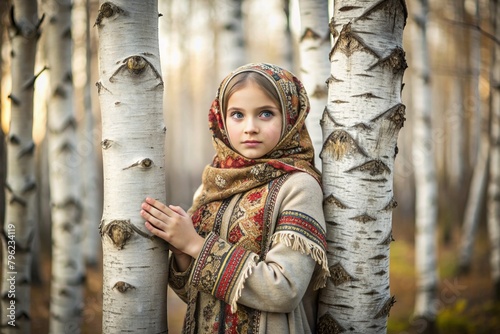 Russian folk traditions. Russian flavor. A cute little girl in a national Russian dress and headscarf in a beautiful birch grove. Portrait of a beautiful girl in a birch forest.