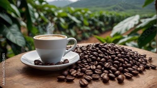 Organic coffee farm, coffee bean and coffee cup in wooden table. Fresh Arabica coffee berries in background. Ai Generative. Cultivate concept.