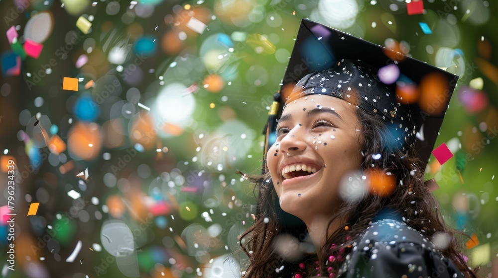 Student graduate wearing cap and gown at commencement ceremony. Student graduate wearing cap and gown at commencement ceremony.