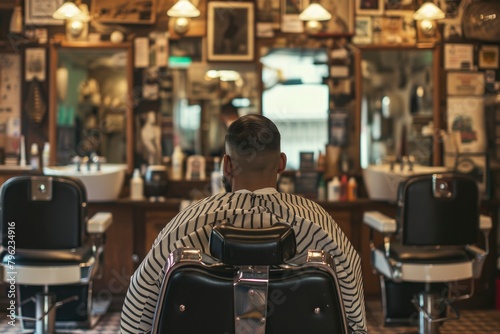 a man is sitting in haircutting chair in a barber shop. generative ai photo
