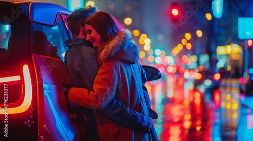Couple dances near their electric vehicle at a charging station with city lights background