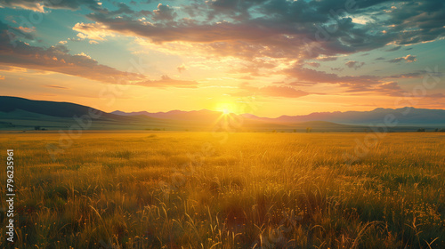 A field of tall grass with a bright sun in the sky