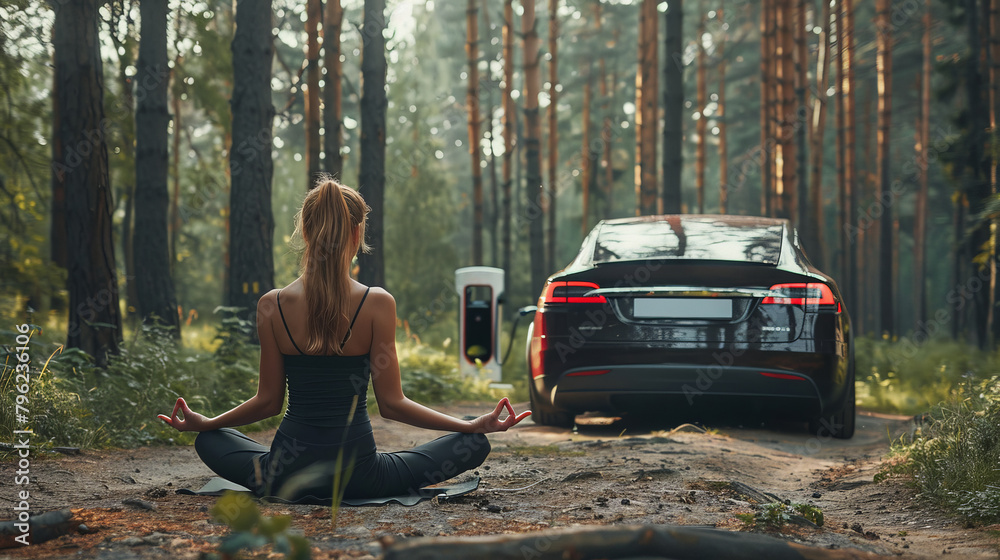 Woman doing yoga near her electric car as it charges in a serene forest clearing - obrazy, fototapety, plakaty 