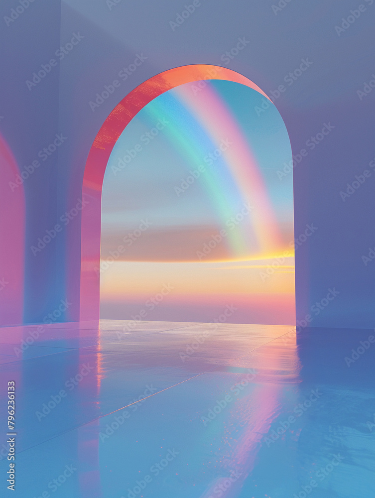 3D rainbow arc, classic minimal setting, twilight, low angle, serene mood, clean sharp focus, digital photography 3D rainbow arc, classic minimal setting, twilight, low angle, serene mood, clean sharp focus, digital photography