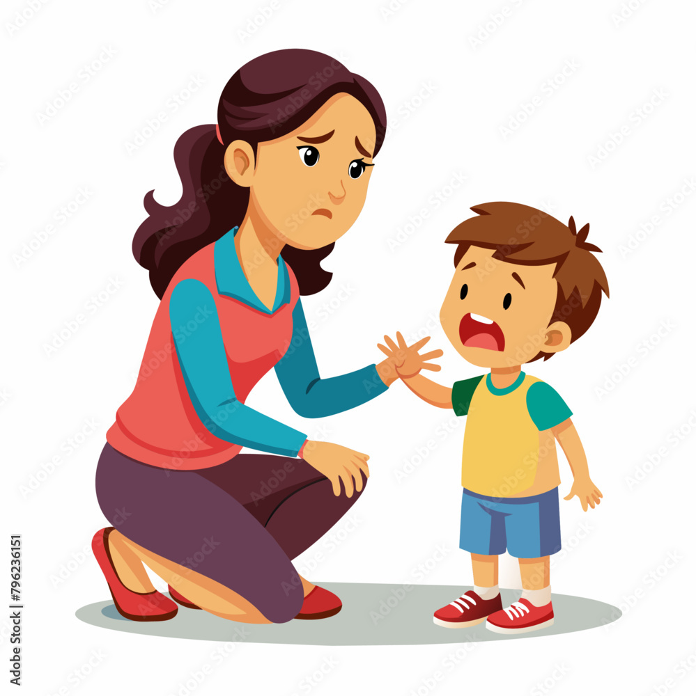 Mother is disciplining her child and the boy cry so sad, solid white background (16)