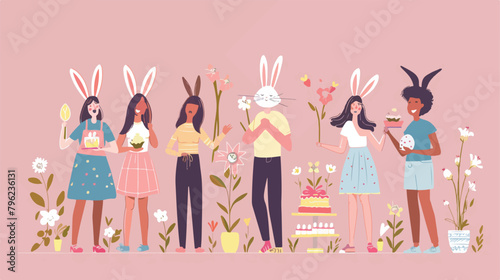 Set of people with bunny ears cake painted eggs flowers