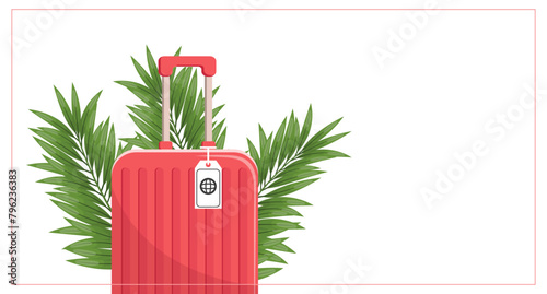 Summer background with red suitcase and palm leaves. Colorful horizontal banner. Vacation concept. Vector illustration