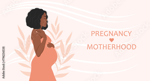 Beautiful pregnant woman, expectant mother hugs her belly with her hands. Banner about pregnancy and motherhood. Vector illustration.