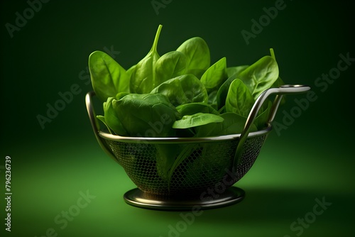 Young spinach in a matel  plate, generated by AI photo