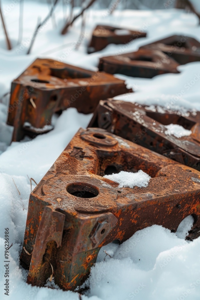 Old machinery abandoned in snowy landscape. Suitable for industrial concepts