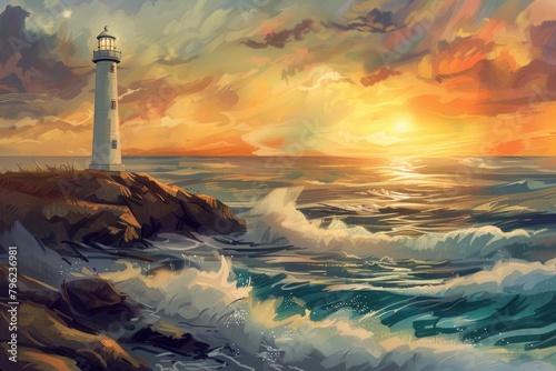 A scenic painting of a lighthouse on a rocky shore. Suitable for travel and coastal themes