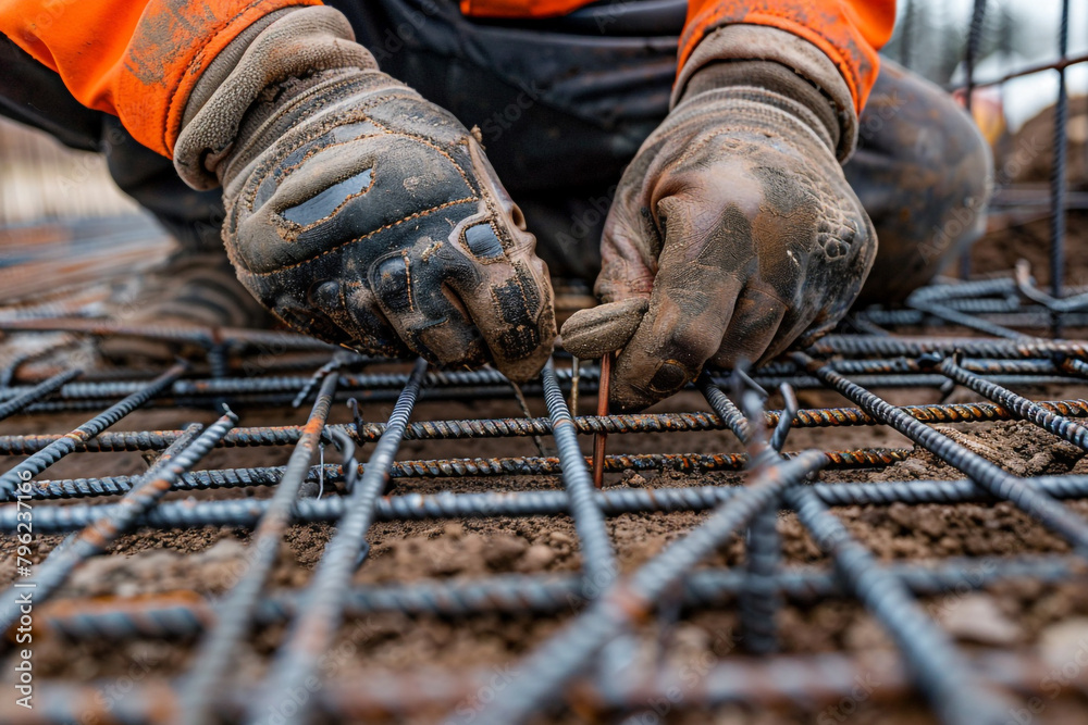Worker tying rebar at foundation site close-up on hands and steel Worker tying rebar at foundation site close-up on hands and steel