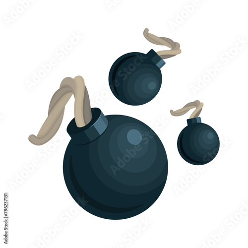 Cannon bomb. Set of vector illustrations of a ball bomb with a fuse. Vintage round bomb signs in different angles. 