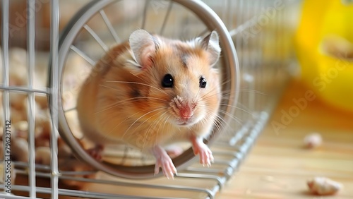 A hamster running in a wheel entertaining and endearing pet in a cage. Concept Hamster care, Exercise, Small pets, Indoor cages, Cute rodents photo