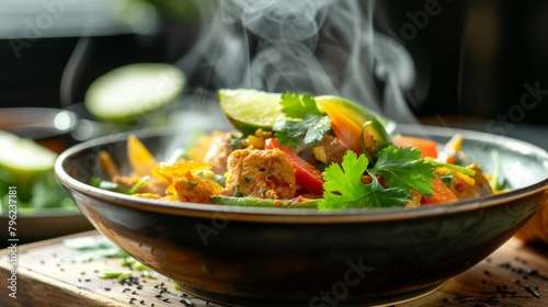 Close-up of a steaming bowl of curry stir-fry garnished with cilantro and served with a wedge of lime