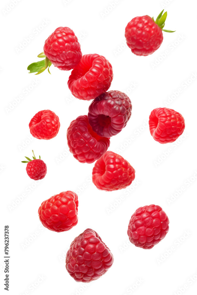 Isolated flying berries. Falling raspberry fruits isolated on white background with clipping path