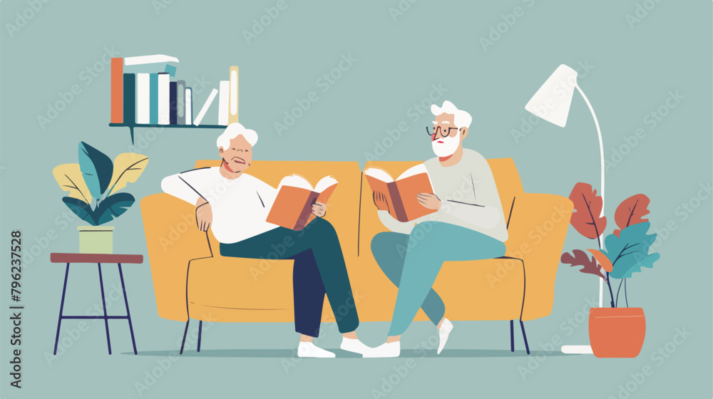Elderly couple sit on the couch and rest. Senior man