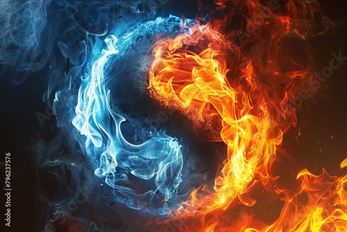 Yin Yang of fire Blue flames and smoke dance in equilibrium