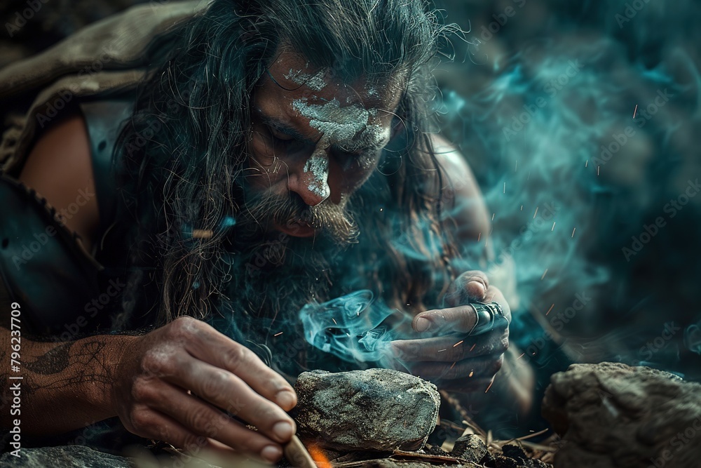 A caveman in a cave illuminated by smoke.