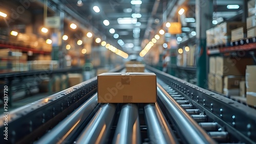 Optimizing Storage and Distribution Logistics with a Warehouse Conveyor Belt System. Concept Automation Technology, Warehouse Efficiency, Conveyor Systems, Supply Chain Management photo