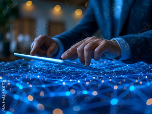 Wide angle , businessman 's hand using tablet with holographic data connection , futuristic network concept.