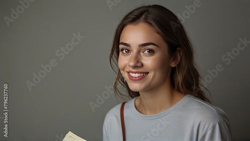 Film producer 25 year old woman with papers in hand looking sideways with confident smile blushing face
 photo