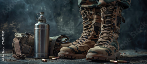 A close up image of a pair of boots and a water bottle. Ideal for outdoor and adventure themes photo