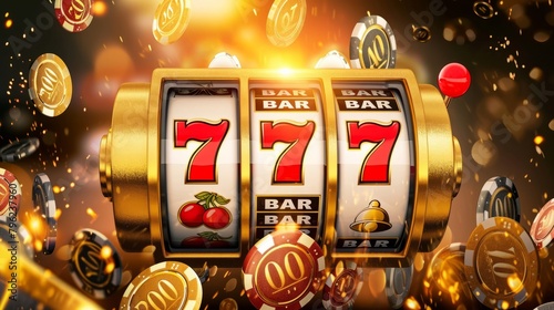Slot machine wins the jackpot 777 in casino. Banner photo