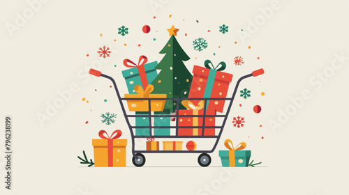 Shopping cart full of gift box and tree christmas. Vector
