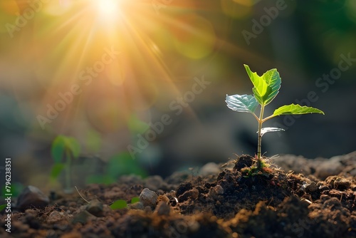 The Symbolic Growth of a Young Plant in Sunlit Soil. Concept Nature Photography, Growth and Development, Sunlight and Shadows, Plant Life, Symbolism