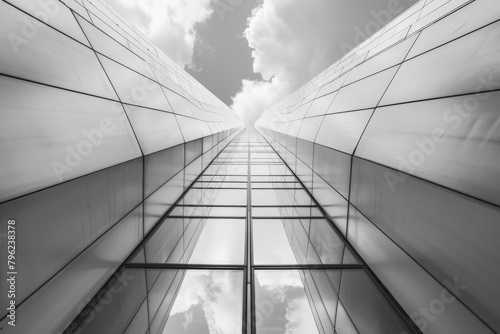 A monochrome image of a towering building, suitable for architectural concepts