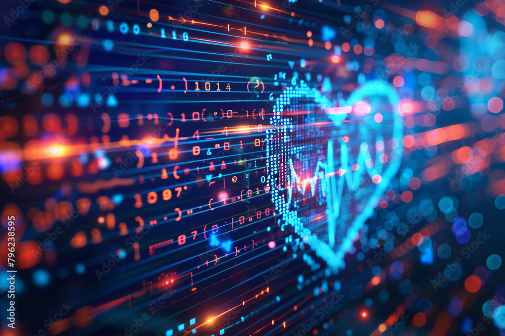 Obraz premium Zoomed in heartbeat line seamlessly merging with digital code representing smart heart health solutions