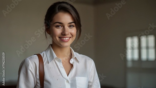Film producer 25 year old woman with papers in hand looking sideways with confident smile blushing face
 photo