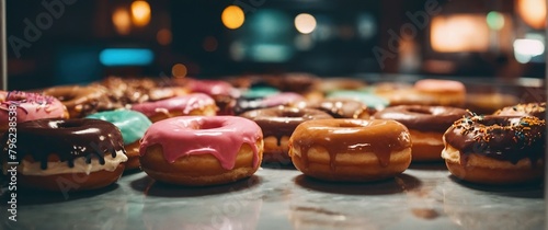 Donuts in multi-colored glaze on a bright background. A work of art from a pastry genius!