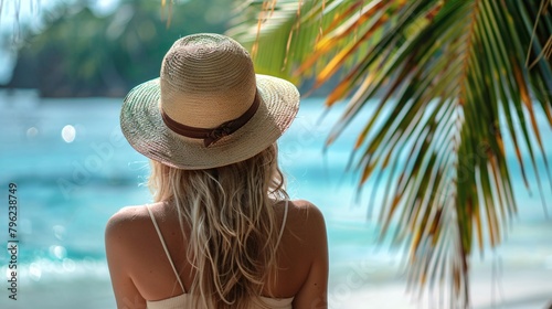summer background with woman on tropical beach © Spyrydon