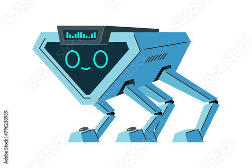 Blue quadruped robot with friendly emotion in front display. Vector illustration